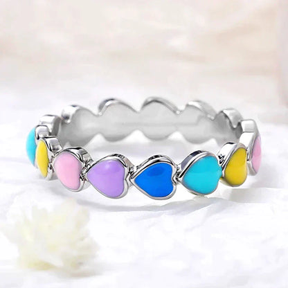Regenbogenherzen Ring aus 925 Sterling Silber und handbemaltem Emaille
