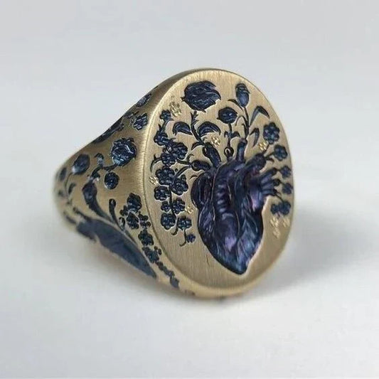 Vintage Goldring mit blauem Blumensiegel
