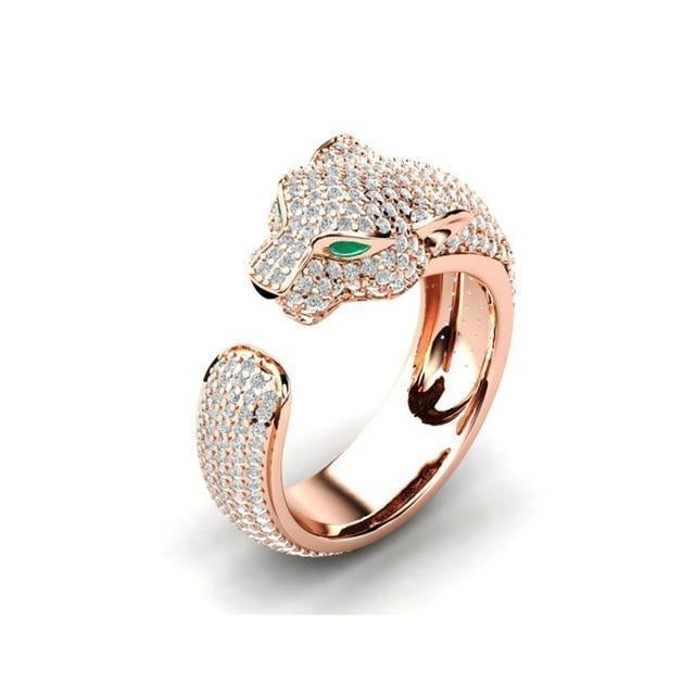 Verstellbarer Jaguar-Ring aus 18 Karat Silber und Roségold mit grünen Zirkonia-Augen